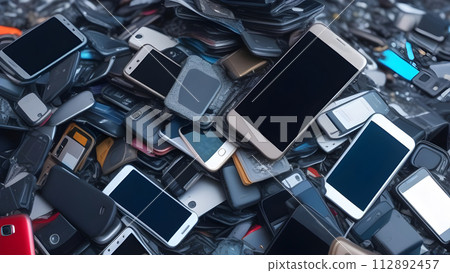 Old broken cell phones garbage, rubbish heap, pile 112892457