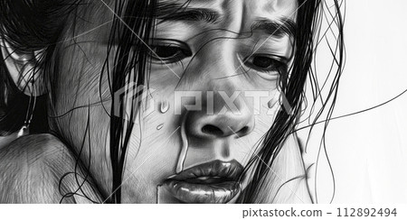 pencil drawing with close-up of tear-streaked face of a young Asian woman, concept of sadness and depression 112892494
