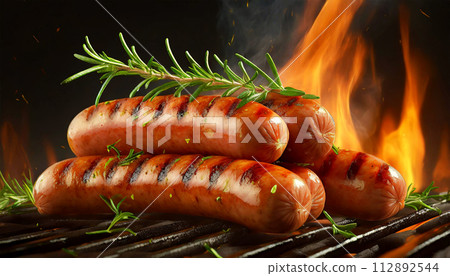 Sausages on the Grill with Blazing Fire Flame - Generative Ai Sausages on the Grill with Blazing Fire Flame - Generative Ai 112892544