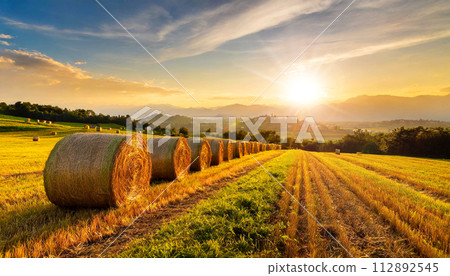 Row of Hay Bales on a Golden Beautiful Landscape at Sunrise - Generative Ai 112892545