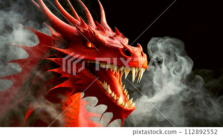 Red Dragon Head with Smoke on a Black Background - Generative Ai Red Dragon Head with Smoke on a Black Background - Generative Ai 112892552