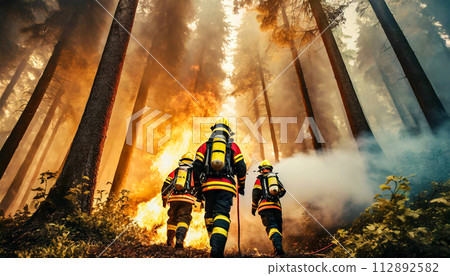 Team of Firefighters in Safety Uniform and Helmets Extinguishing a Woodland Fire - Generative Ai 112892582