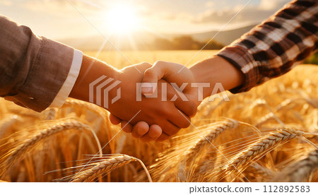 Two Farmers Shake Hands in a Wheat Field at Dawn - Generative Ai 112892583