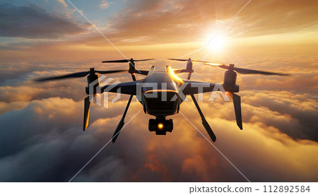 Unmanned Military Black Drone Flying in the Sky Above the Clouds - Generative Ai Unmanned Military Black Drone Flying in the Sky Above the Clouds - Generative Ai 112892584