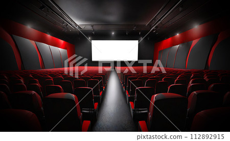 Movie Theater with black and red cinema seats and Empty Screen - Generative Ai 112892915