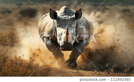 White or Grey Rhino Runs Fast in the Savannah - Generative Ai 112892985