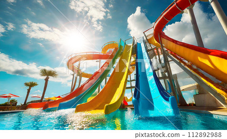 Water Park with Multicolored Slides in a Swimming Pool - Generative Ai 112892988