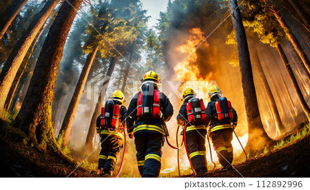Team of Firefighters in Safety Uniform and Helmets Extinguishing a Woodland Fire - Generative Ai 112892996