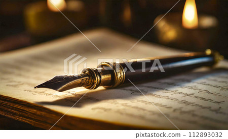 Closeup of a Vintage Fountain Pen Resting on Handwritten Document - Generative Ai Closeup of a Vintage Fountain Pen Resting on Handwritten Document - Generative Ai 112893032