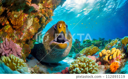 Giant Moray Eel Coming Out of its Den in a Vibrant Coral Reef - Generative Ai Giant Moray Eel Coming Out of its Den in a Vibrant Coral Reef - Generative Ai 112893119