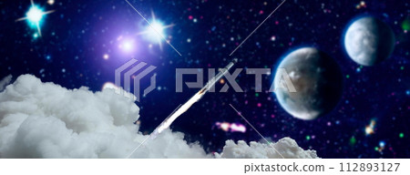 Dark space shuttle launch in the clouds with stars on background.Spaceship flight. Elements of this image furnished by NASA 112893127