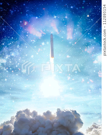 rockets launch into space on the starry sky. spacecraft flies into space with clouds of smoke. Elements of this image furnished by NASA 112893154