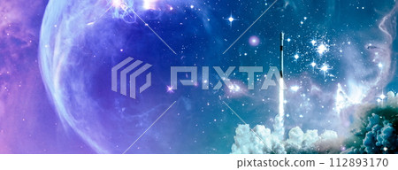 rockets launch into space on the starry sky. spacecraft flies into space with clouds of smoke. Elements of this image furnished by NASA 112893170