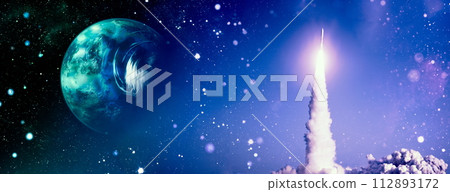 rockets launch into space on the starry sky. spacecraft flies into space with clouds of smoke. Elements of this image furnished by NASA 112893172