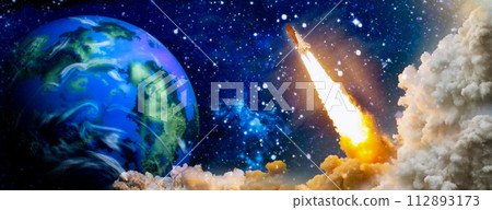 rockets launch into space on the starry sky. spacecraft flies into space with clouds of smoke. Elements of this image furnished by NASA rockets launch into space on the starry sky. spacecraft flies into space with clouds of smoke. Elements of this image furnished by NASA 112893173