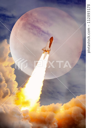 rockets launch into space on the starry sky. spacecraft flies into space with clouds of smoke. Elements of this image furnished by NASA 112893178