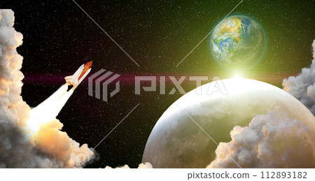 Dark space shuttle launch in the clouds with stars on background.Spaceship flight. Elements of this image furnished by NASA 112893182