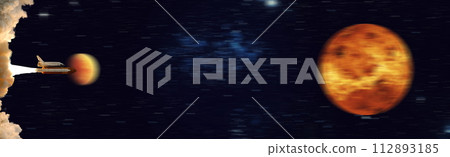 Dark space shuttle launch in the clouds with stars on background.Spaceship flight. Elements of this image furnished by NASA 112893185