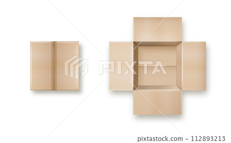 Box. Empty open and closed cardboard box. Realistic cardboard box mockup set from side, front and top view open and closed isolated on white background. Parcel packaging template. Vector 112893213