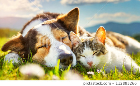 Dog and Cat Sleeping Chilling Relaxing Together on a Fresh Green Meadow - Generative Ai 112893266