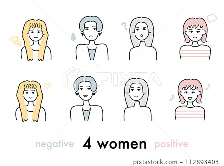 Set of 4 smiling and dissatisfied female icons 112893403