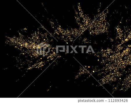 Scattered golden particles on a dark background.Festive background or design element. 112893426