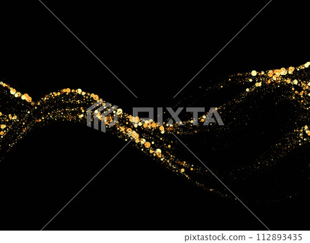 Sparkling stardust. Golden shiny magic vector waves with golden particles isolated on black background. A brilliant bright trail, a wave flow. 112893435