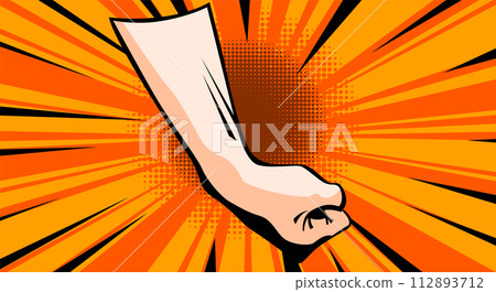 Hand fist with comics background. Blow fist flat cartoon banner. Vector hand strike as a concept energy and power Hand fist with comics background. Blow fist flat cartoon banner. Vector hand strike as a concept energy and power 112893712