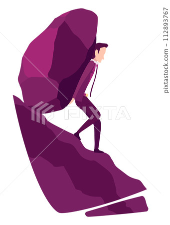 Businessman with boulder vector illustration. Unhappy person push rock or boulder suffer with overwork and responsibility. Crisis problem of business people, burden, challenge, conquering concept 112893767