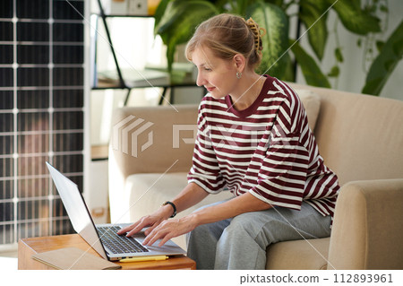 Woman shopping for inverters, batteries and other supplies online after buying solar panel Woman shopping for inverters, batteries and other supplies online after buying solar panel 112893961