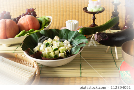 Spirit shelf, tray, decoration, spirit horse and spirit cow, memorial service for ancestors, spirit horse made from cucumber, spirit cow made from eggplant, Mizuko Spirit shelf, tray, decoration, spirit horse and spirit cow, memorial service for ancestors, spirit horse made from cucumber, spirit cow made from eggplant, Mizuko 112894091