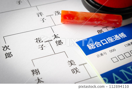 Family tree, bankbook, stamp, property, deposit in name, gift, inheritance 112894110