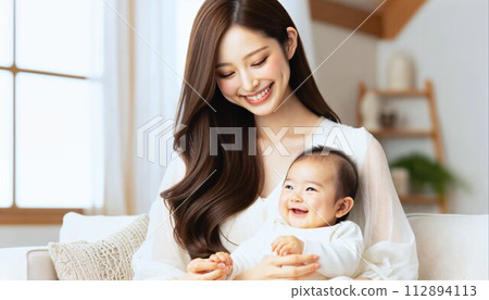 A smiling mother holding her baby. An image of child-rearing. AI images. 112894113