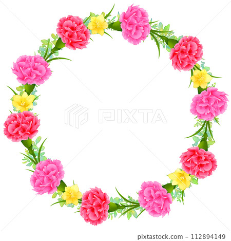 康乃馨與小蒼蘭花環母親節圓形框架 112894149