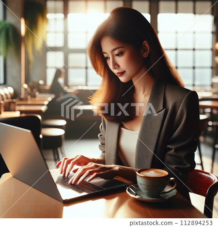 A woman working on a computer at a cafe 112894253
