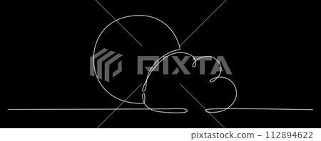 Sun and cloud - one single hand drawing continuous line banner. Vector stock illustration isolated on black background for design template summer travel poster, flyer. Editable stroke. EPS10 112894622