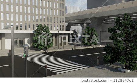 A city street with a crosswalk and a traffic light 112894761