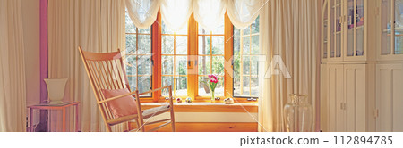 Flowers in a vase in the living room window 112894785