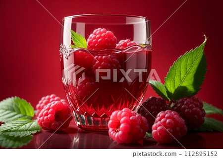 raspberry compote in a glass isolated on a red background 112895152