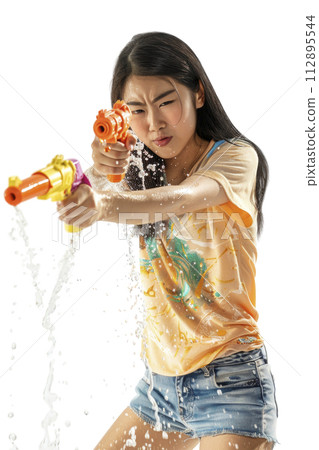 Happy traveler asian girl wearing summer shirt holding colorful squirt water gun, Generative AI Happy traveler asian girl wearing summer shirt holding colorful squirt water gun, Generative AI 112895544