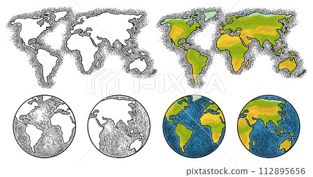 Earth planet globe and map. Vector color vintage engraving illustration 112895656