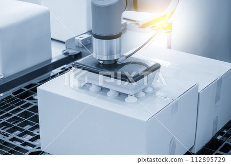 The paper box container handling process by robotic system in the light blue scene. 112895729
