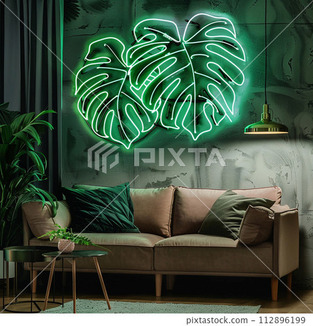 Neon sign monstera as decor of a living room Neon sign monstera as decor of a living room 112896199