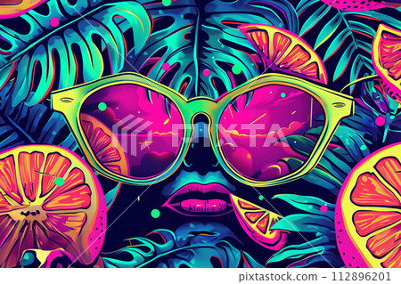 Summer cocktail with lime slice tropical leaves fluorescent colors 112896201