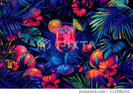 Summer cocktail with lime slice tropical leaves fluorescent colors Summer cocktail with lime slice tropical leaves fluorescent colors 112896202
