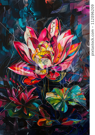 White pink waterlily or lotus flower in pond. 112896209