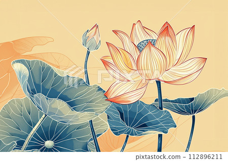 White pink waterlily or lotus flower in pond. 112896211