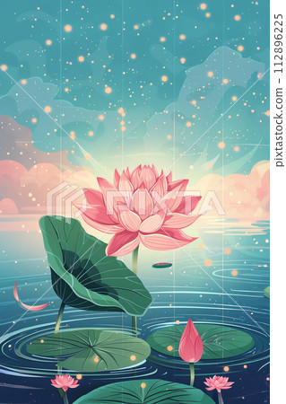 white lotos flower in pond, symbol of wesak day. 3d illustration 112896225