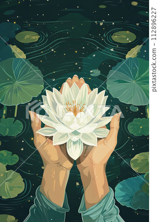 white lotos flower in pond, symbol of wesak day. 3d illustration white lotos flower in pond, symbol of wesak day. 3d illustration 112896227