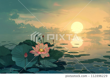 White pink waterlily or lotus flower in pond. White pink waterlily or lotus flower in pond. 112896229